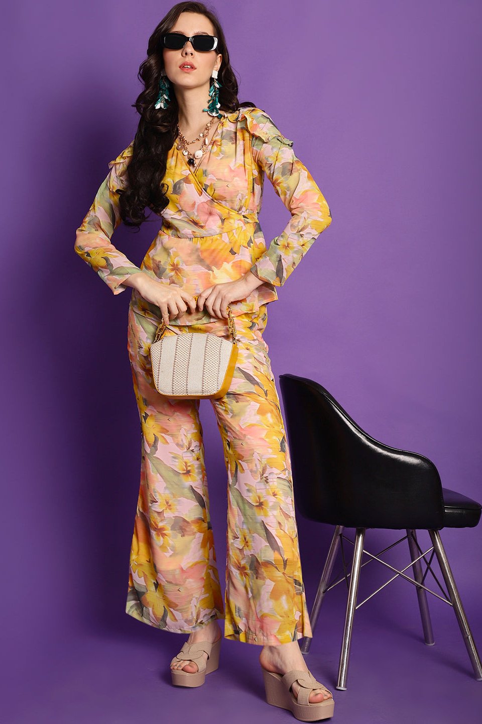 Yellow Floral Printed Georgette Top with Palazzo Co-Ord Set for Women