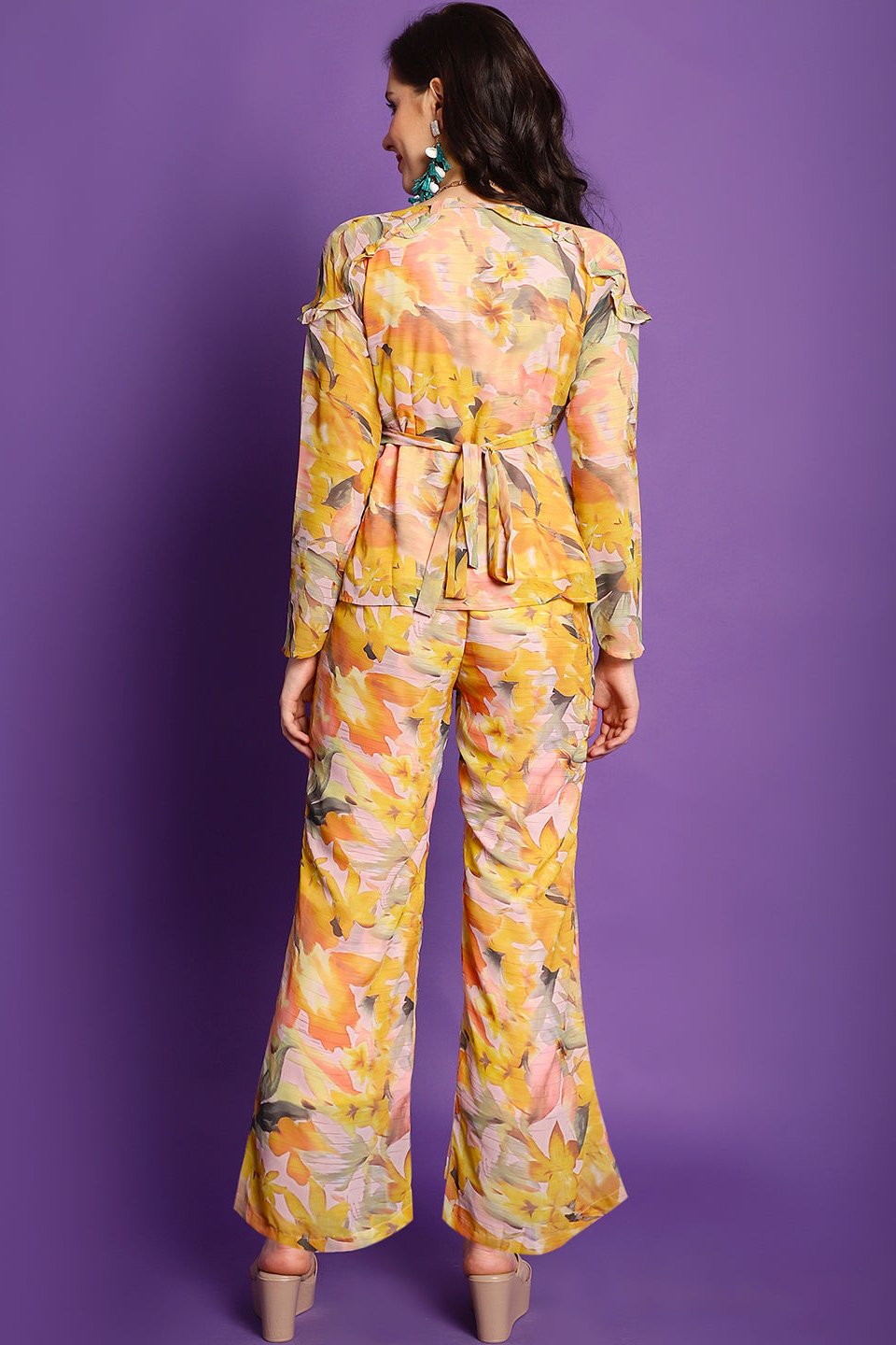 Yellow Floral Printed Georgette Top with Palazzo Co-Ord Set for Women