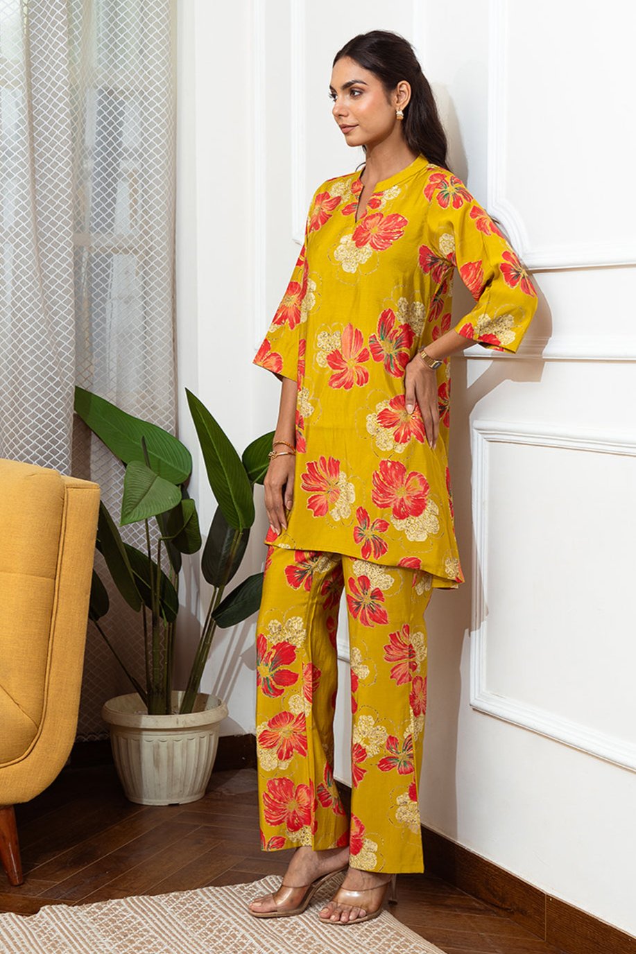 Mustard Color Floral Printed Chanderi Premium Co-ord Set