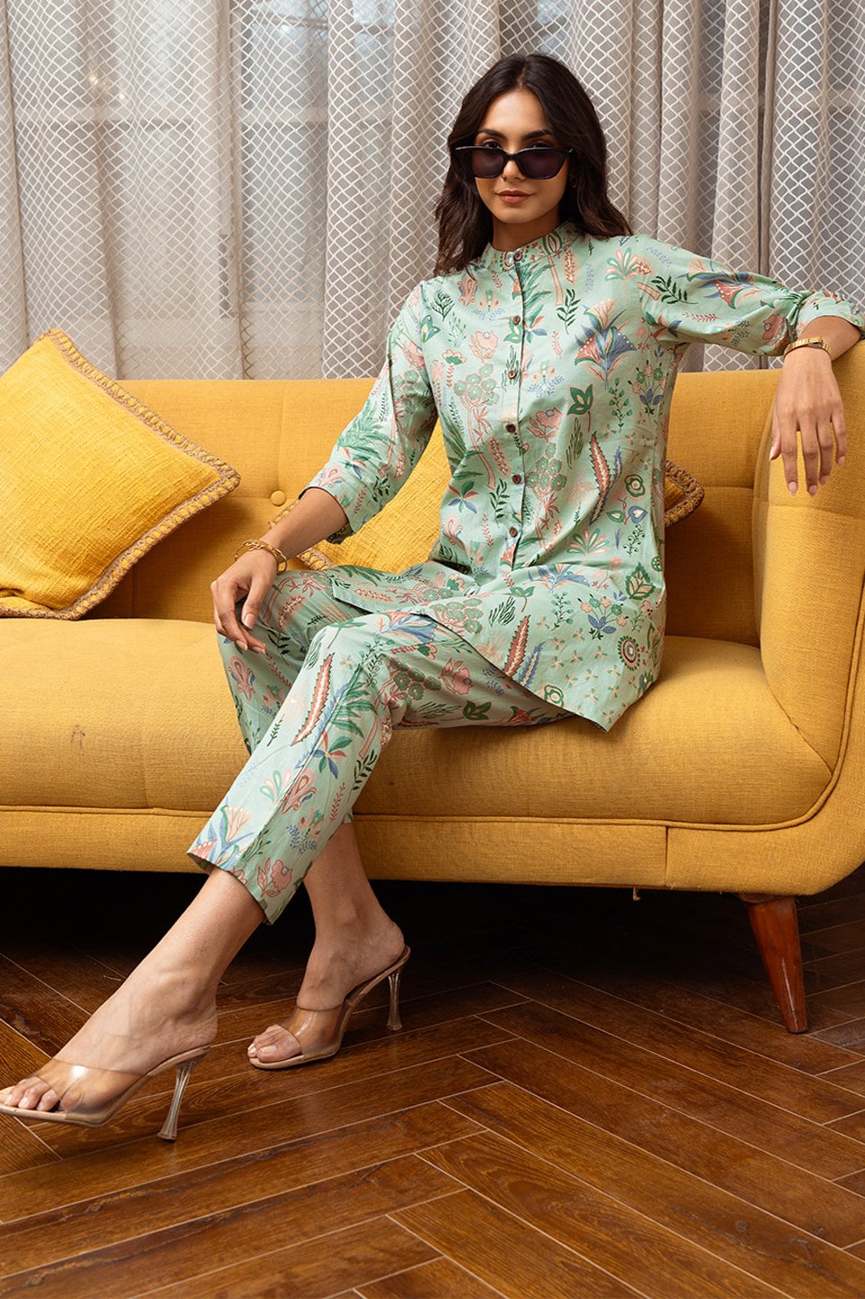 Green Color Abstract Printed Cotton Co-ord Set