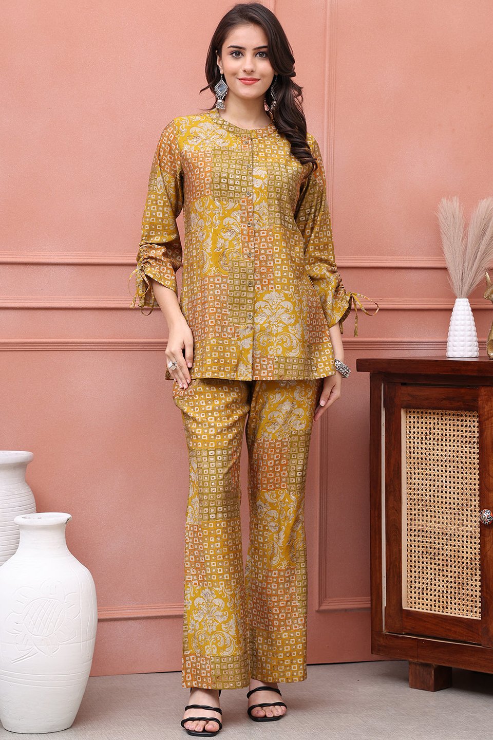 Mustard Abstract Printed Premium Chanderi Co-Ord Set for Women