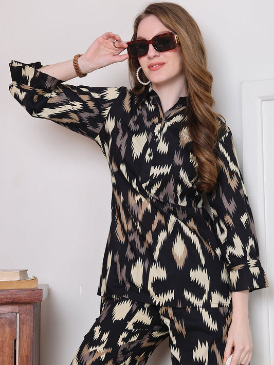 Black Abstract Printed Cotton Co-Ord Set for Women