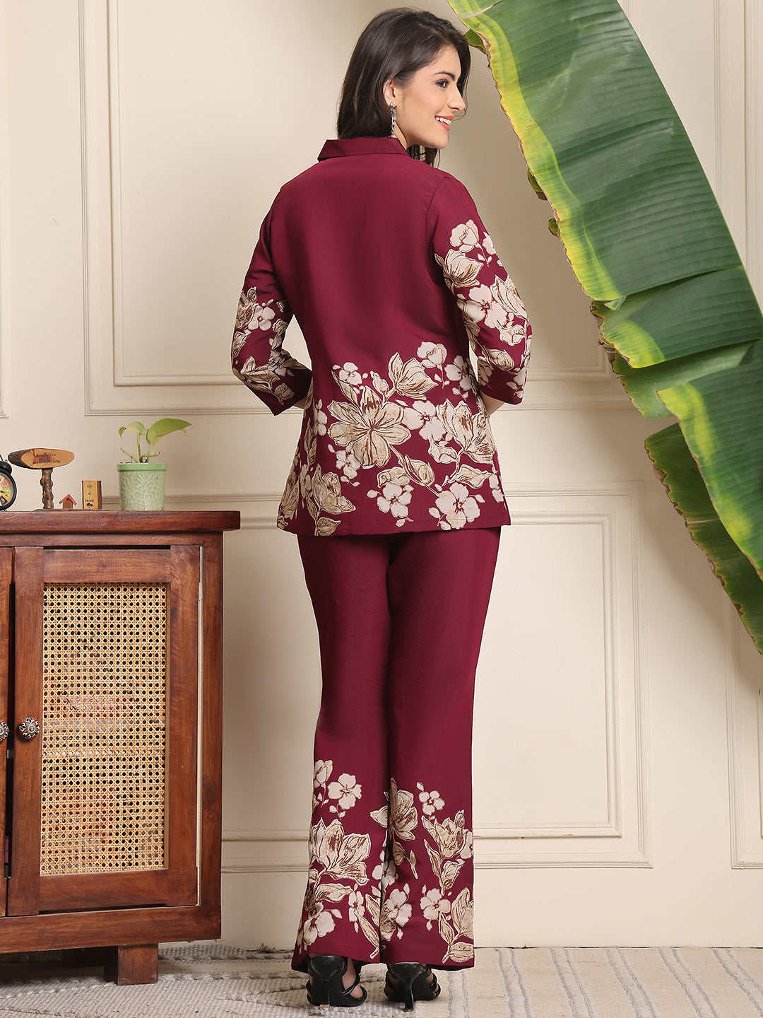 Wine Floral Printed Premium Chanderi Co-Ord Set for Women