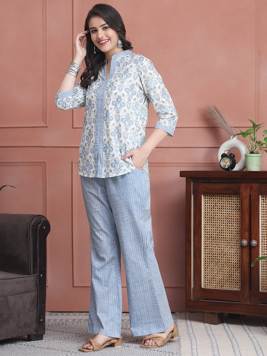 Blue Colour Floral Printed Cotton Co-Ord Set for Women