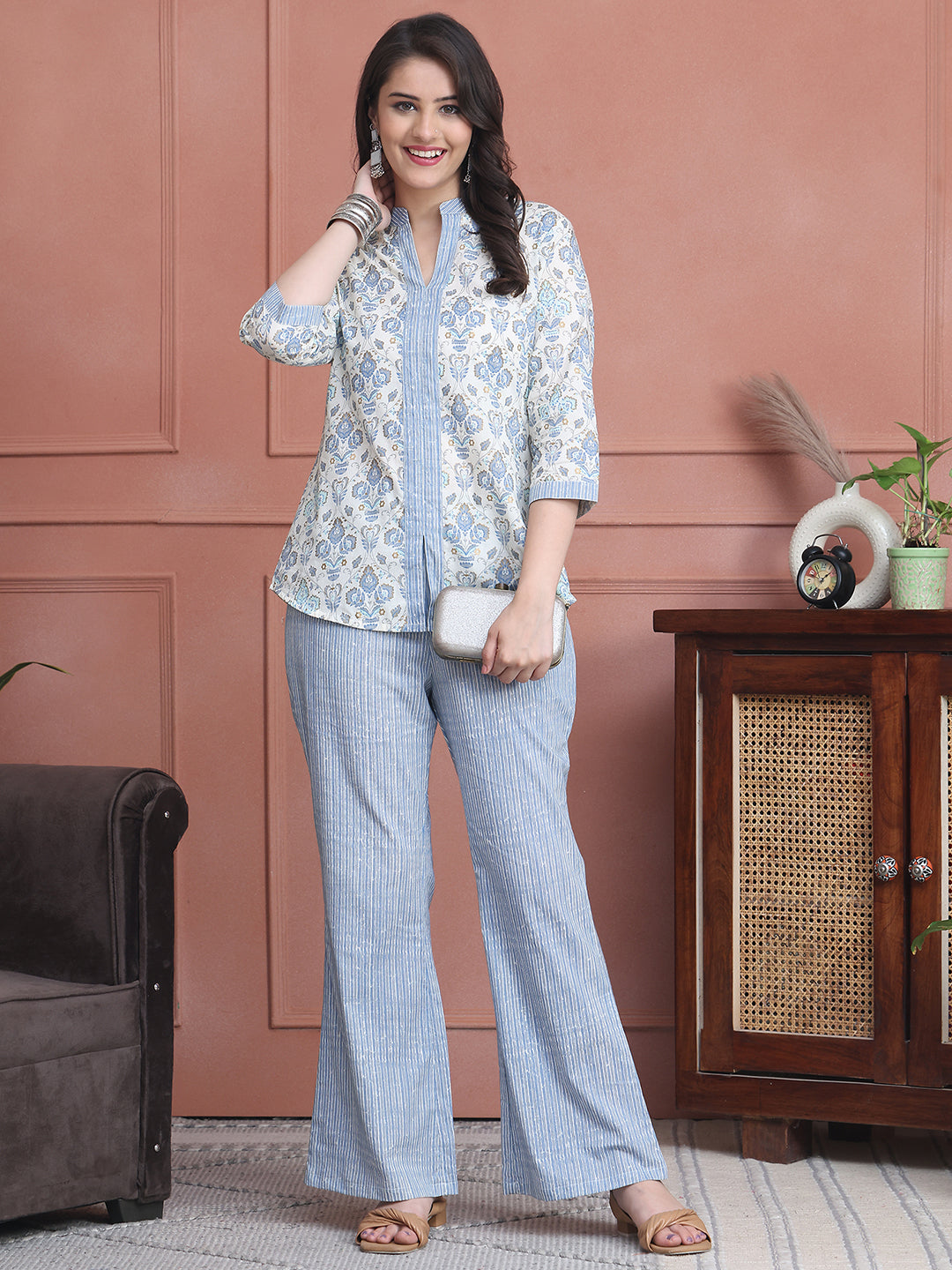 Blue Colour Floral Printed Cotton Co-Ord Set for Women