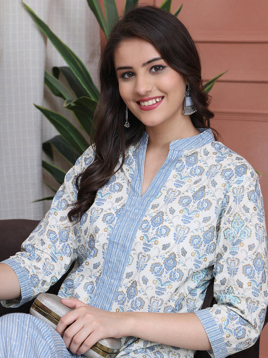 Blue Colour Floral Printed Cotton Co-Ord Set for Women