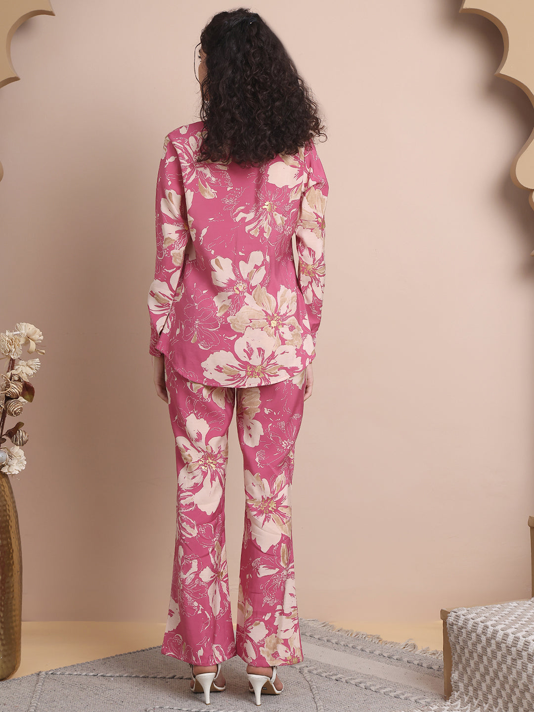 Pink Colour Floral Printed Premium Chanderi Co-ord Set For Women