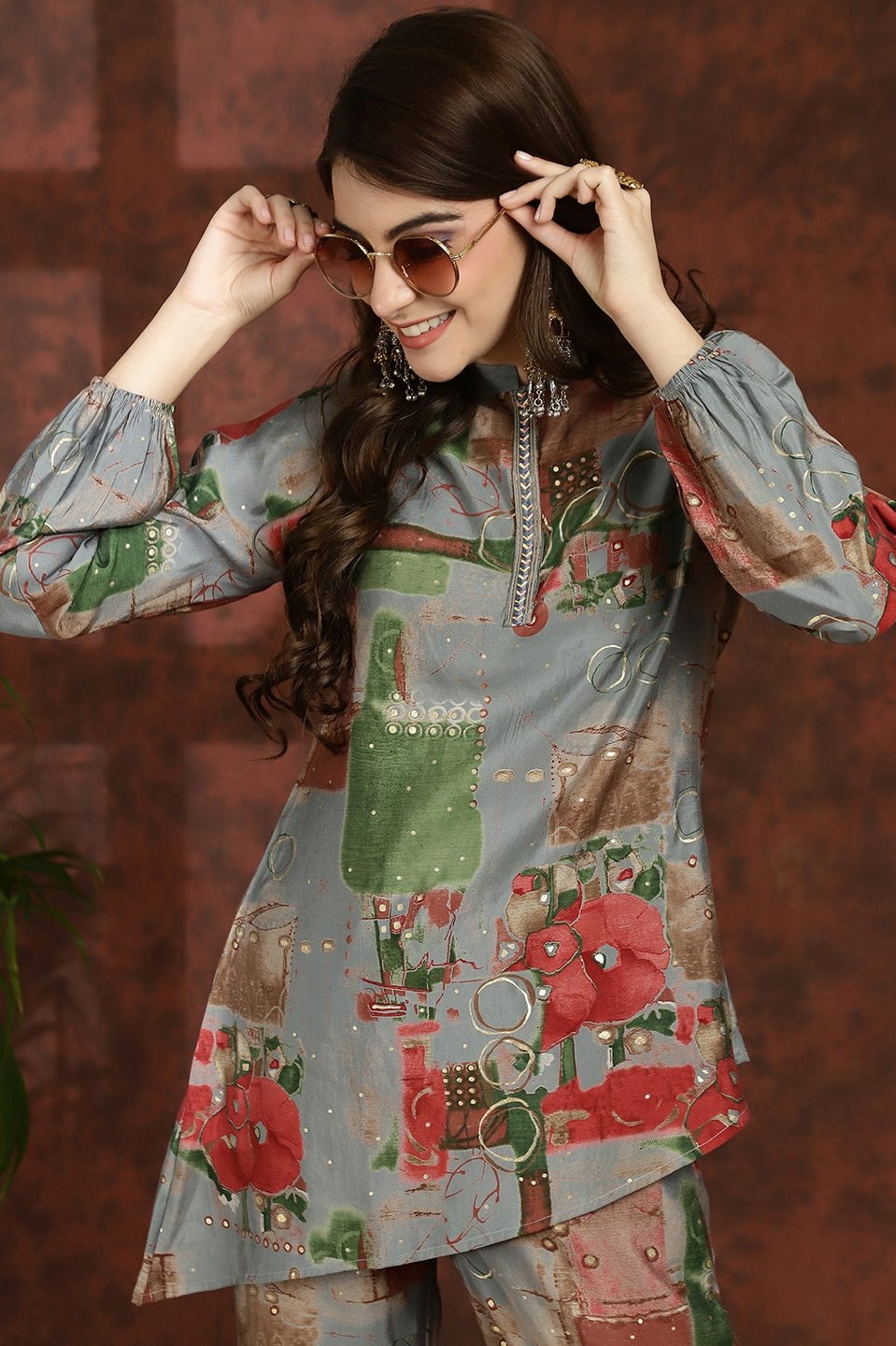 Grey Floral Printed Chanderi Silk Tunic & Palazzo Ethnic Co-Ord Set for Women