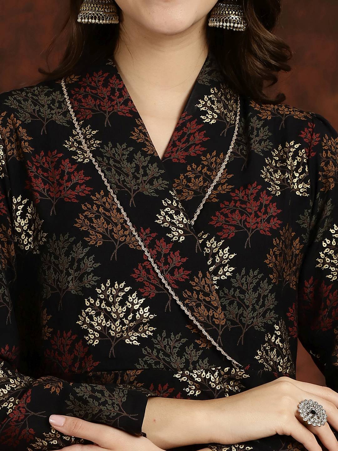 Black Ethnic Motifs Printed V-Neck Tunic with Flared Trouser Co-Ord Set for Women