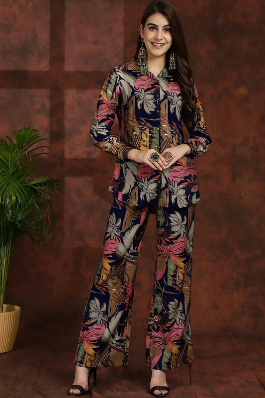 Navy Blue Floral Printed Shirt Collar Tunic with Trousers Co-Ord Set for Women