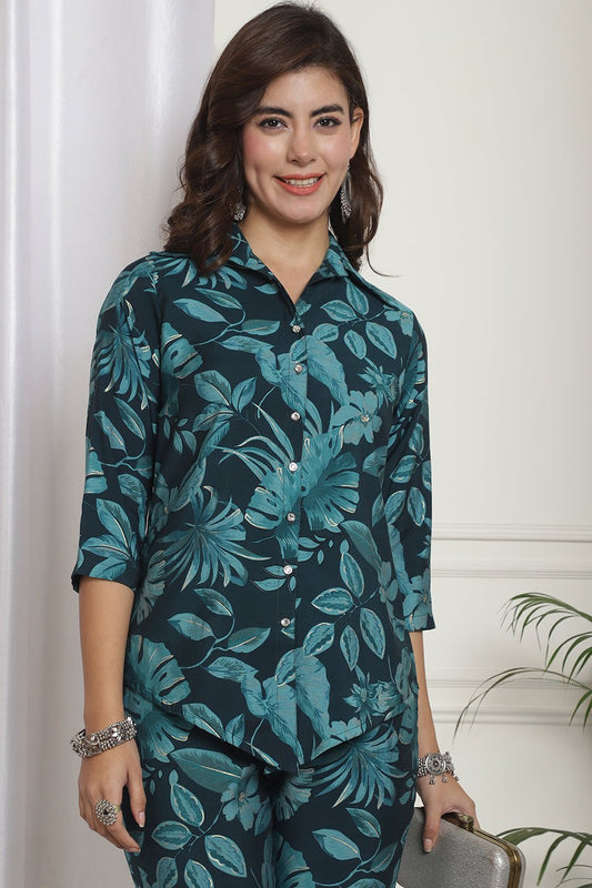 Green Floral Printed Chanderi Silk Co-Ord Set for Women