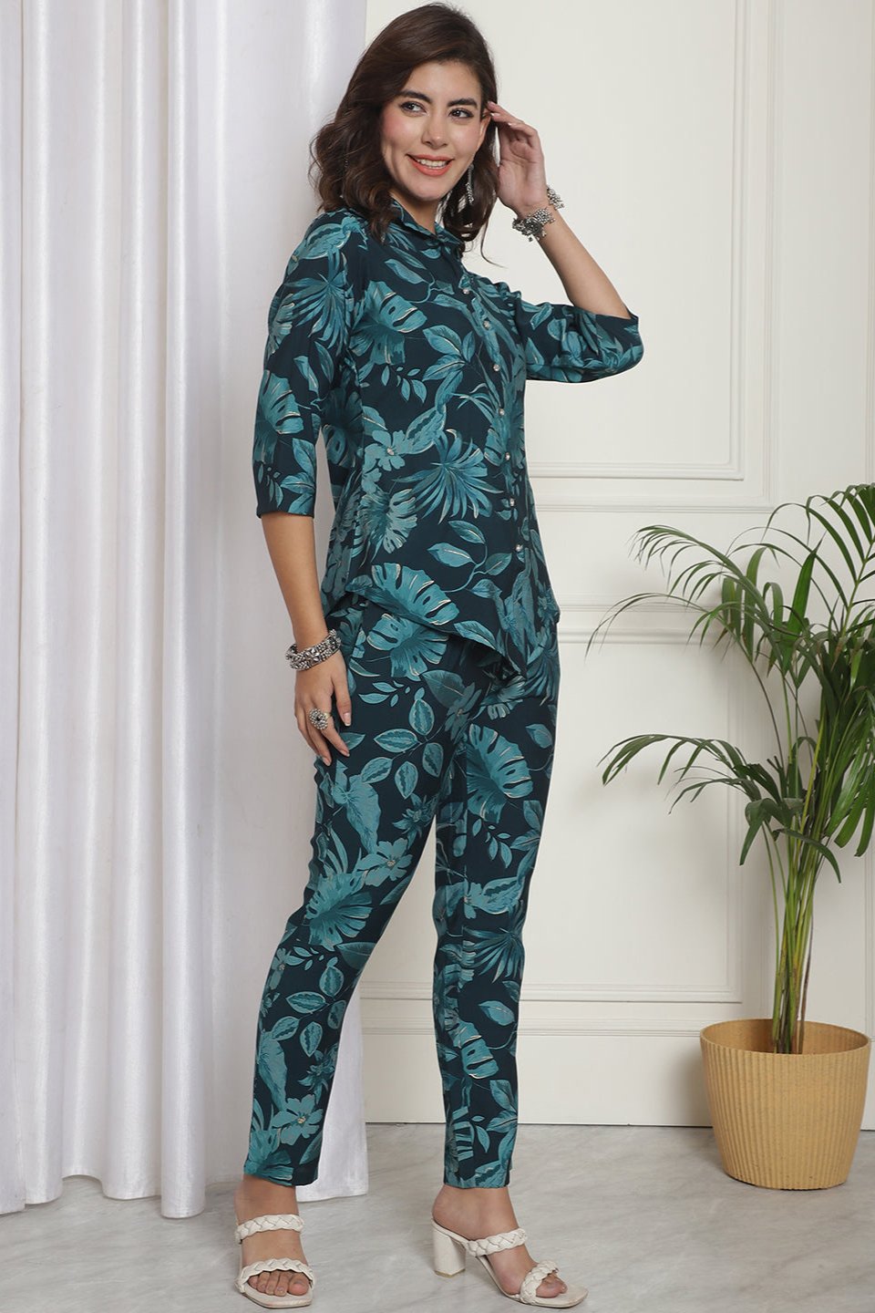 Green Floral Printed Chanderi Silk Co-Ord Set for Women