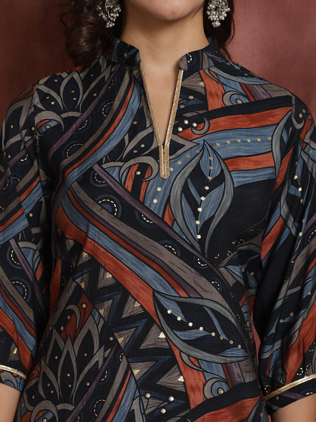 Navy Abstract Printed Chanderi Silk Co-Ord Set for Women