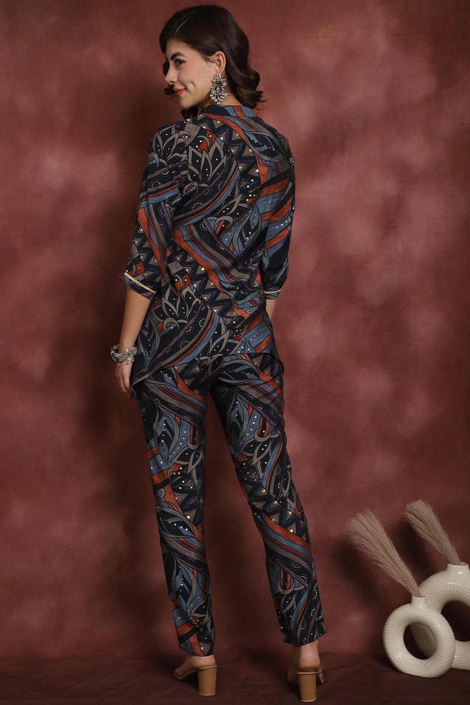 Navy Abstract Printed Chanderi Silk Co-Ord Set for Women