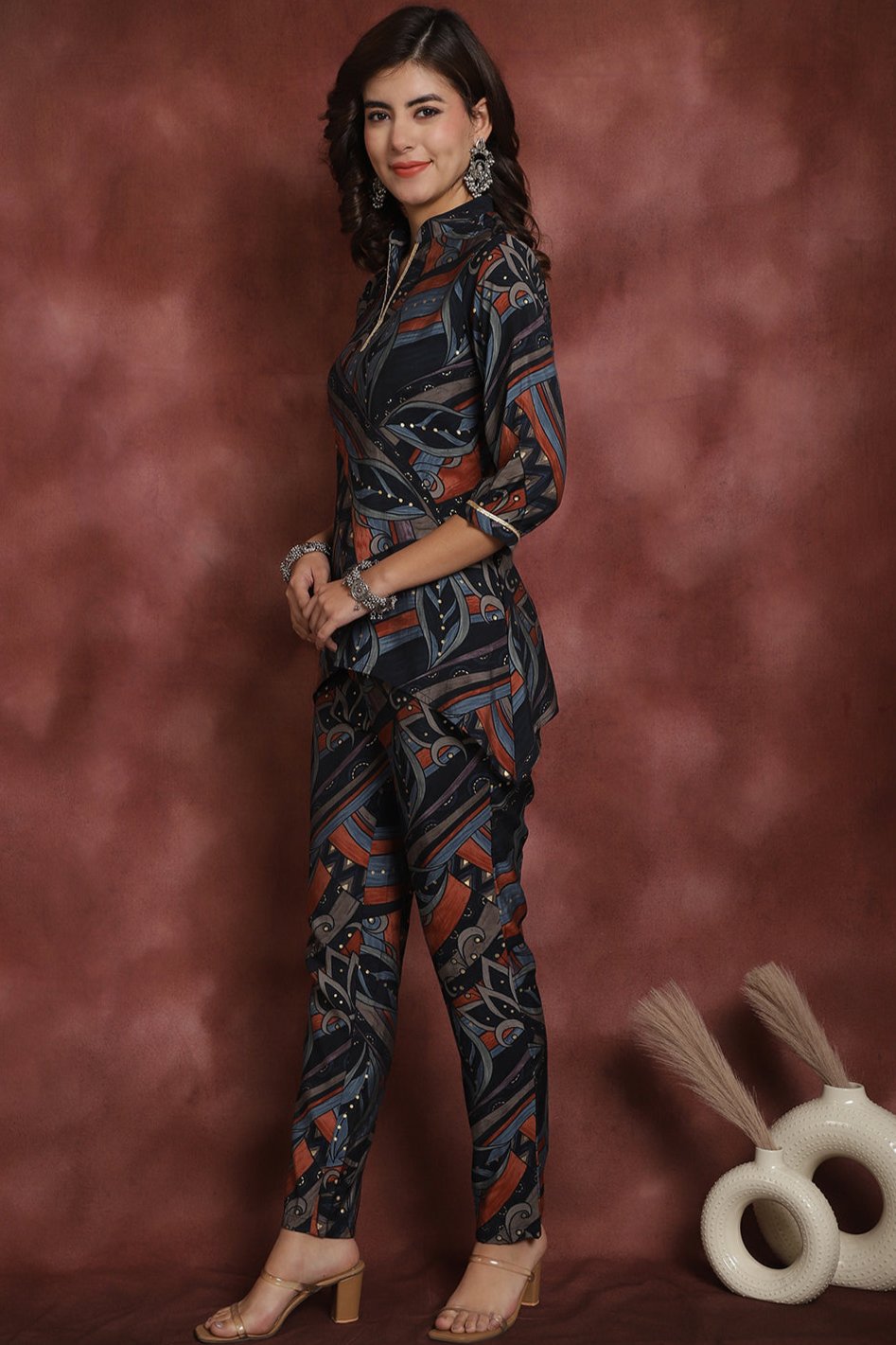 Navy Abstract Printed Chanderi Silk Co-Ord Set for Women