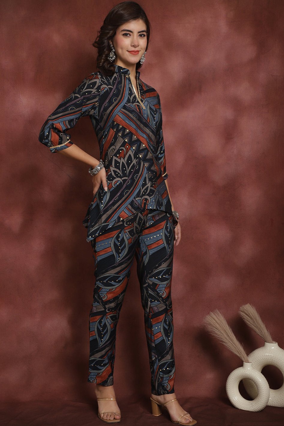 Navy Abstract Printed Chanderi Silk Co-Ord Set for Women