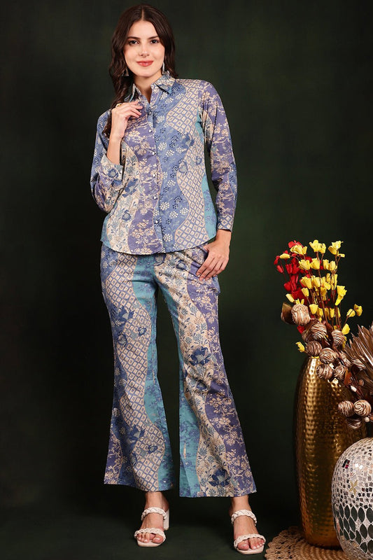 Blue Color Printed Cotton Shirt With Trousers Co-Ord Set