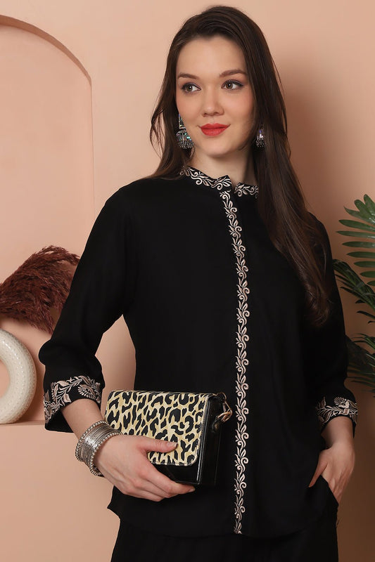 Black Floral Embroidered Viscose Rayon Co-Ord Set for Women