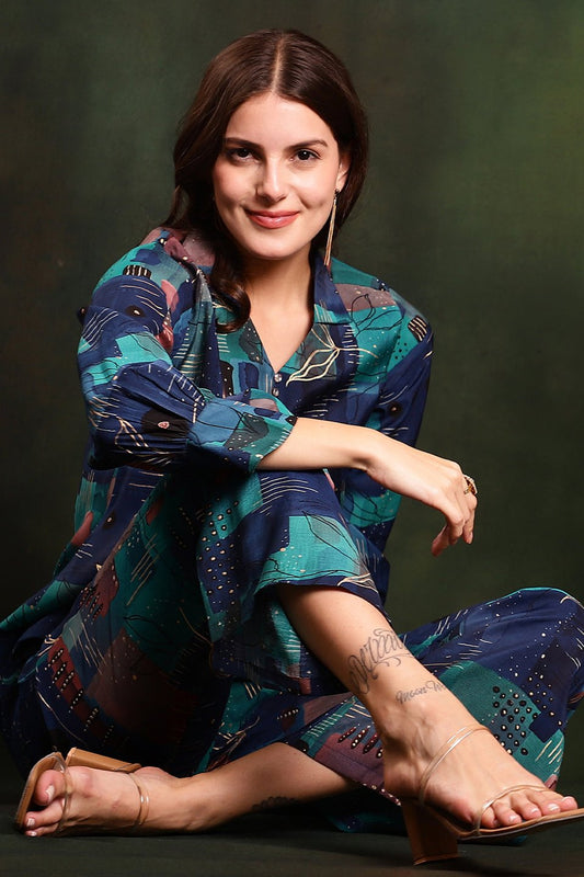 Blue Printed Premium Chanderi Silk Co-Ord Set for Women