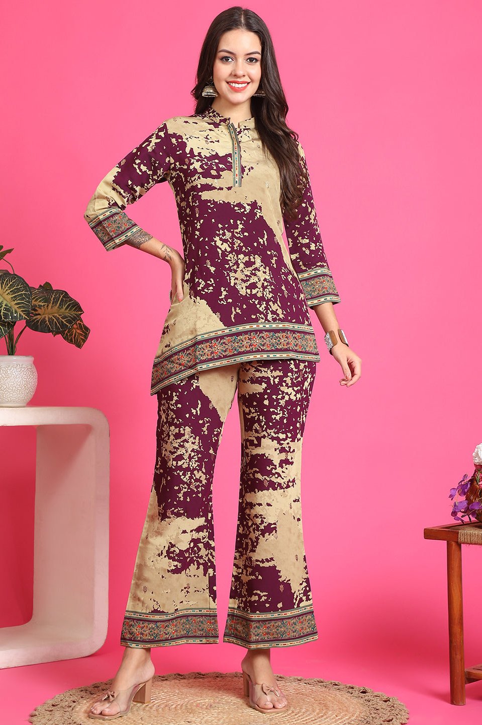 Purple Abstract Printed Premium Chanderi Co-Ord Set for Women
