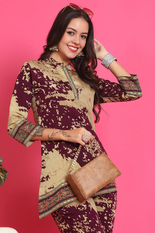 Purple Abstract Printed Premium Chanderi Co-Ord Set for Women