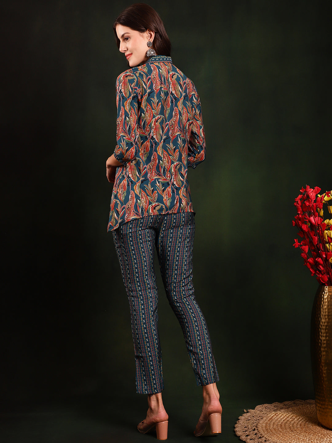 Green Floral Printed Chanderi Silk Tunic with Trousers Co-Ord Set for Women