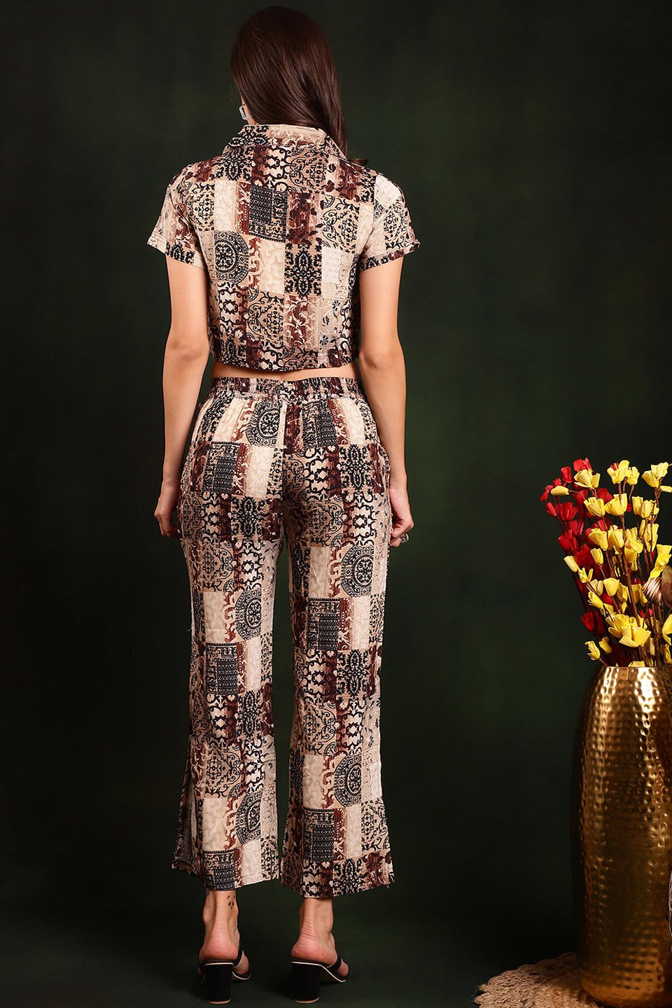 Brown & Black Motif Printed Viscose Rayon Co-Ord Set for Women