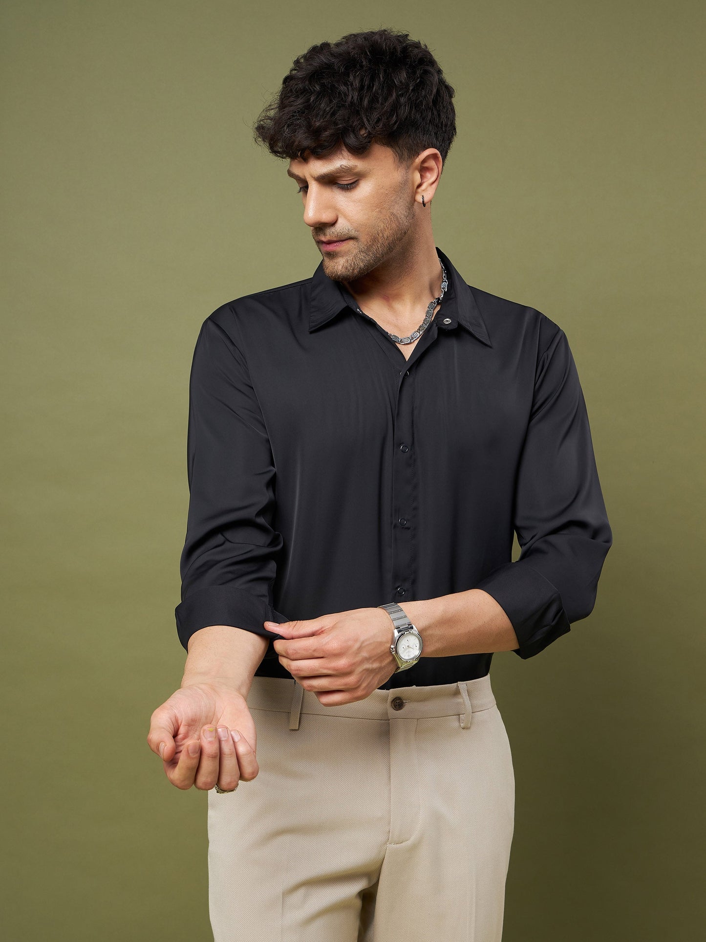 Unisex Black Satin Relax Fit Shirt