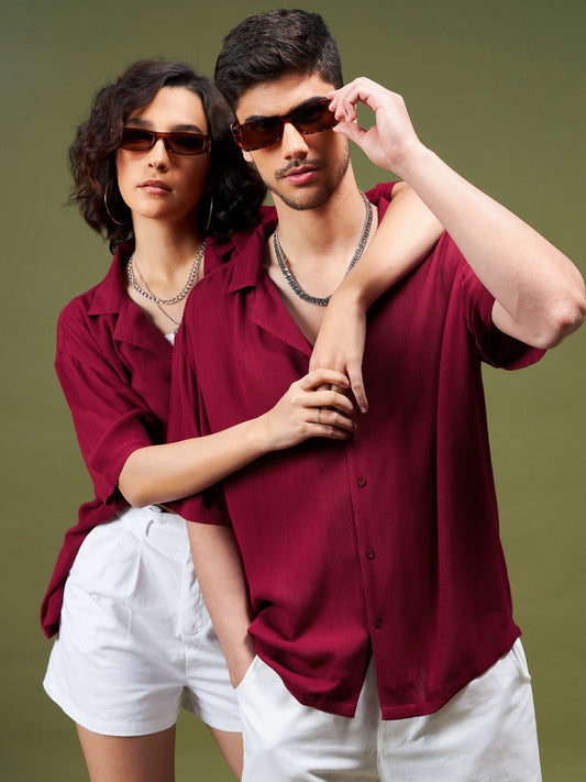 Unisex Maroon Solid Relax Fit Shirt