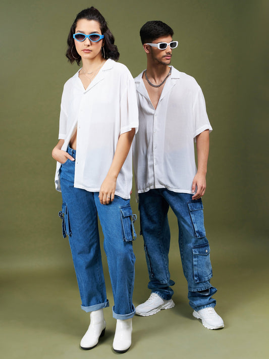 Unisex White Solid Relax Fit Shirt