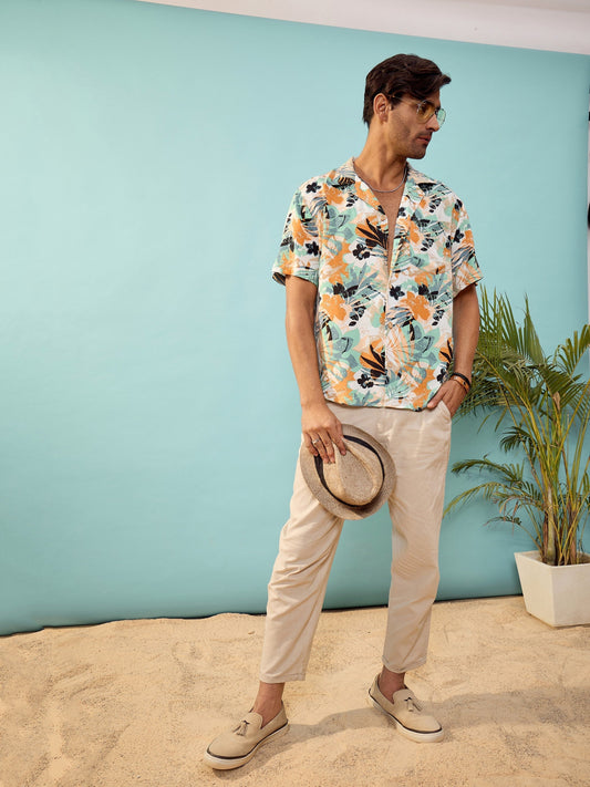 Unisex White Tropical Print Relax Fit Shirt