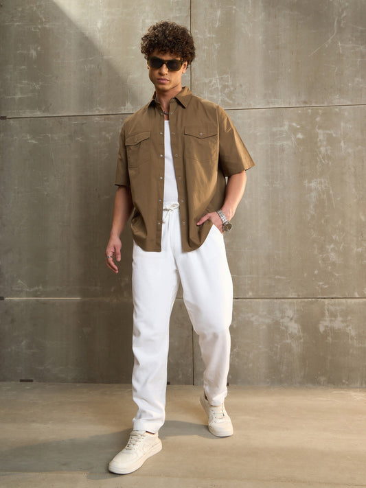 Men Olive Poplin Front Pocket Relax Fit Shirt