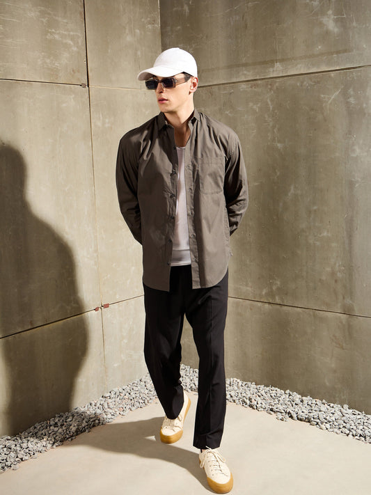 Men Khaki Basic Relax Fit Shirt