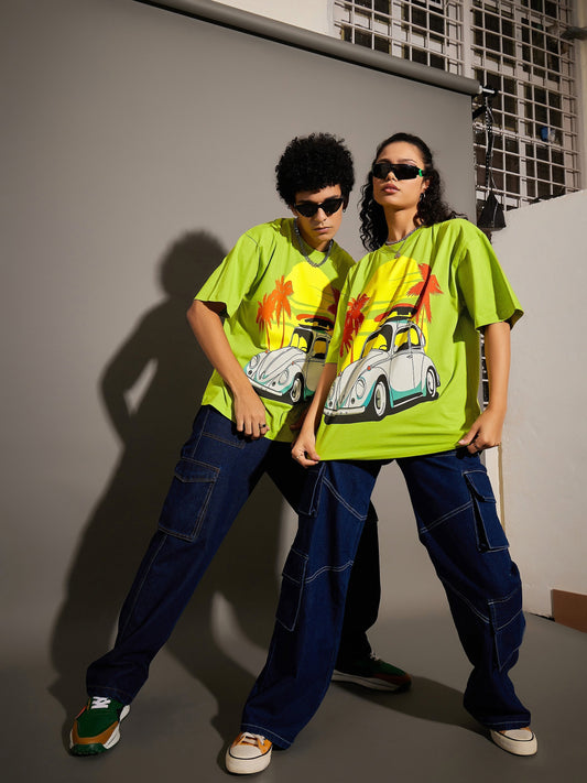Unisex Green Beetle Car Print Oversized T-Shirt