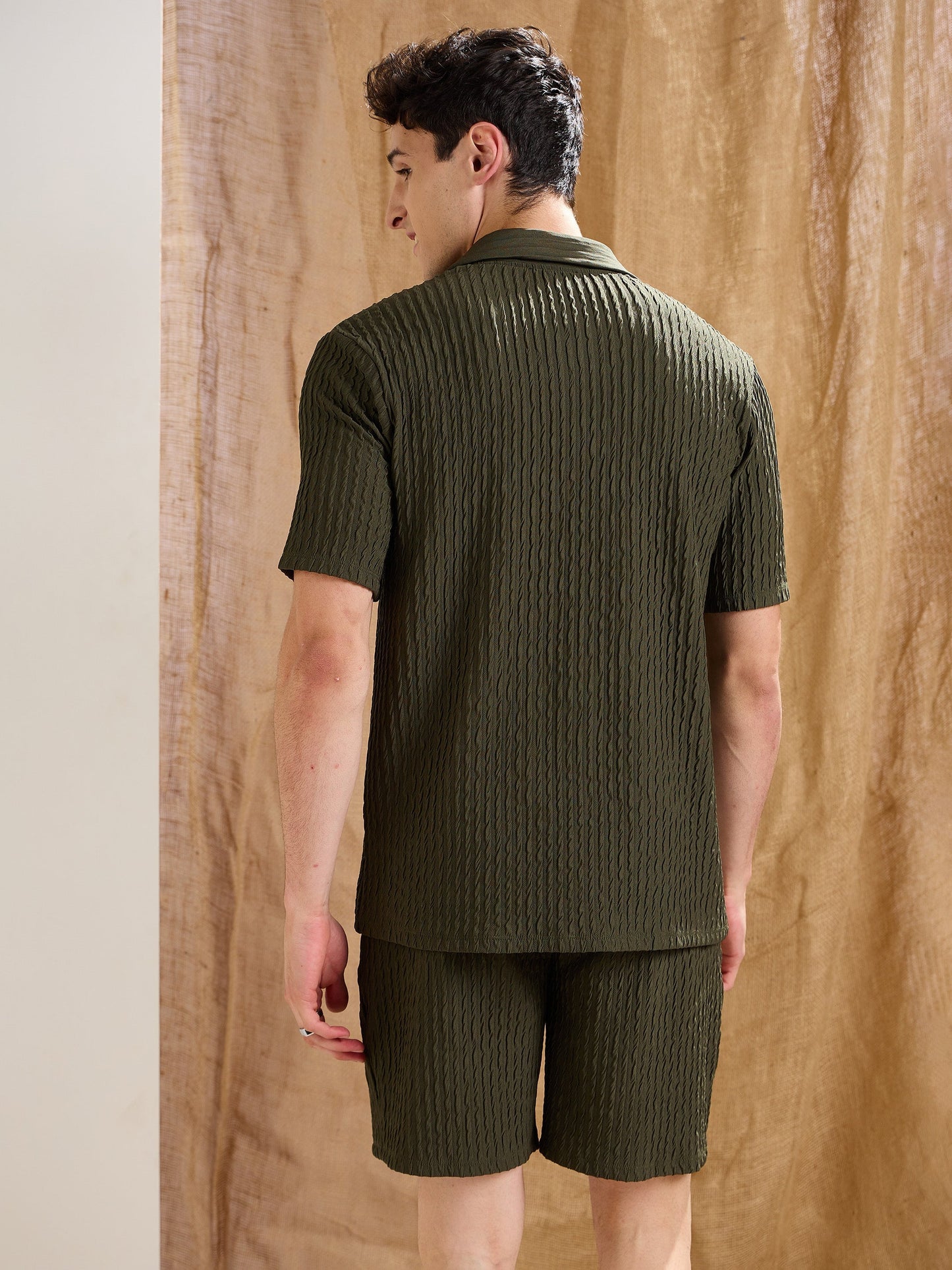 Men Olive Textured Relax Fit Polo T-Shirt