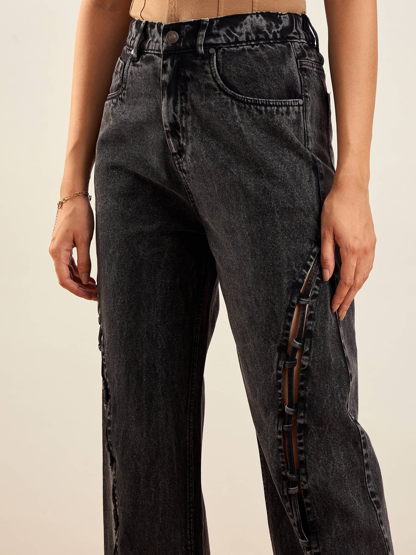 Women Black Washed Dori Insert Detail Straight Fit Jeans