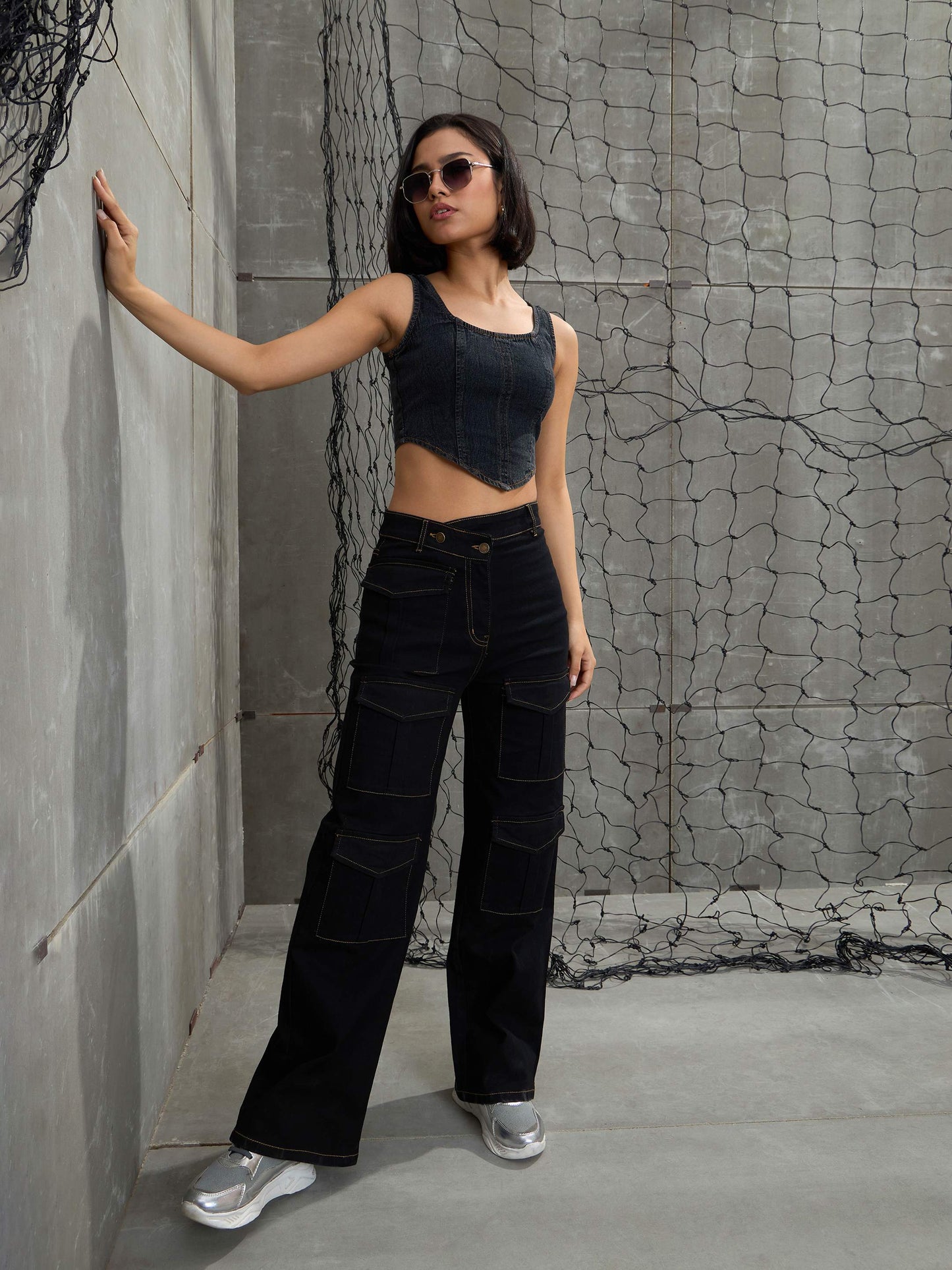 Women Black Cargo Straight Jeans