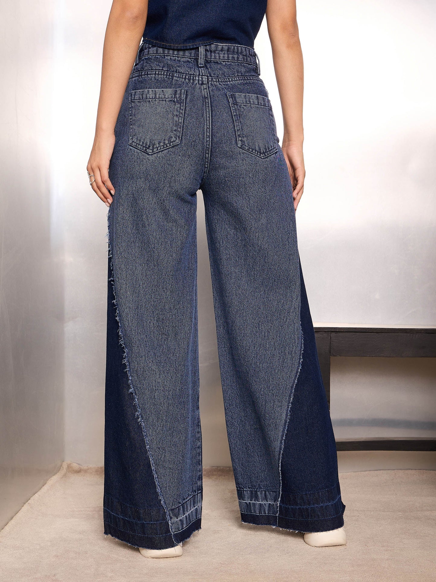 Women Blue Washed ColorBlock Wide Leg Jeans