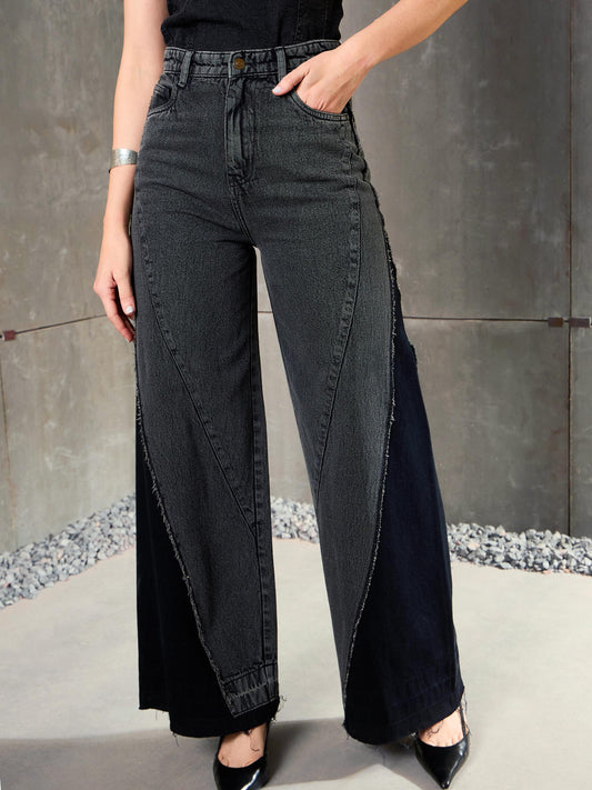 Women Black Washed ColorBlock Wide Leg Jeans