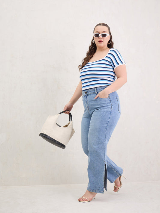 Women Ice Blue Hem Slit Straight Jeans