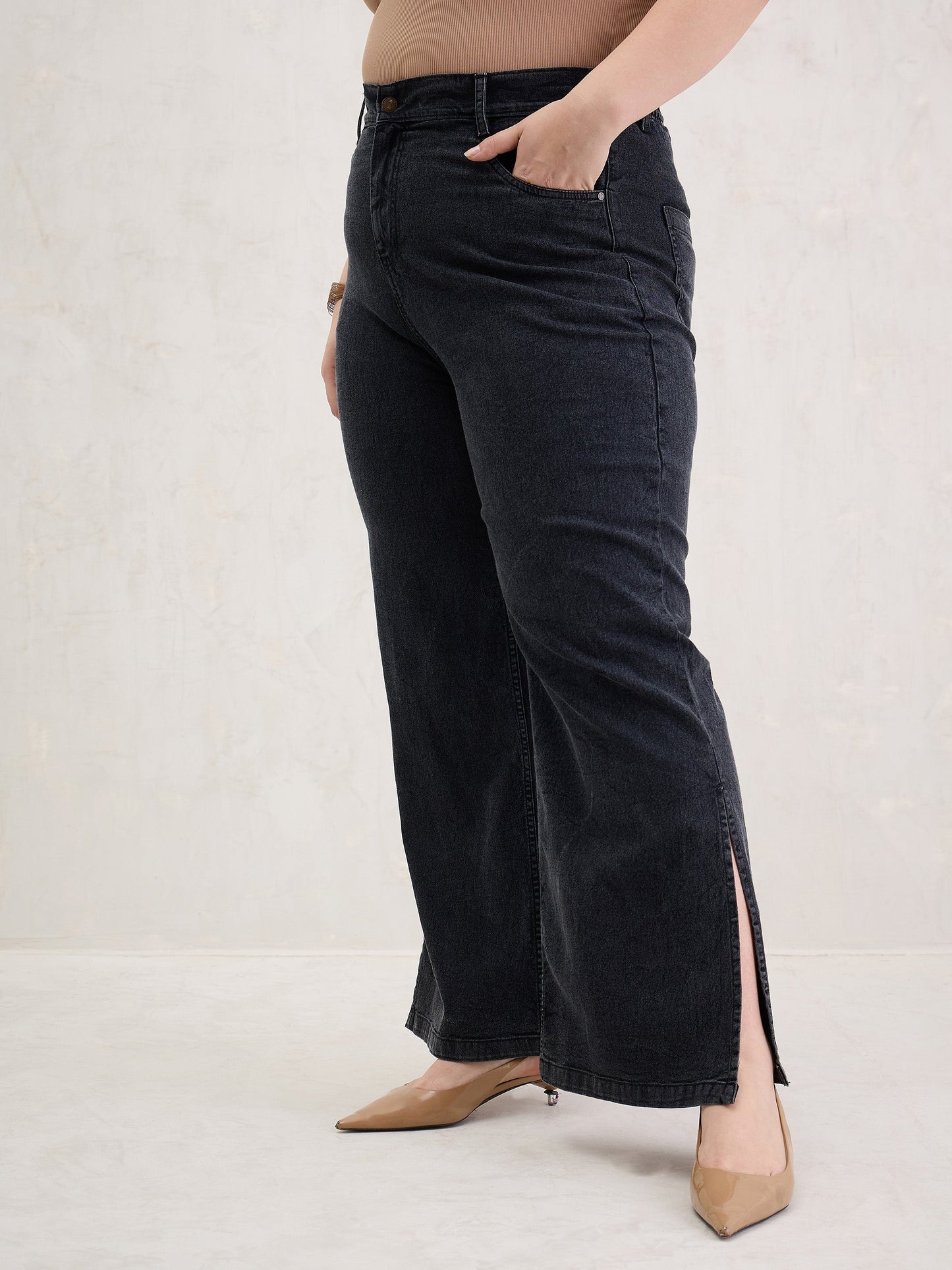 Women Black Blast Hem Slit Straight Jeans