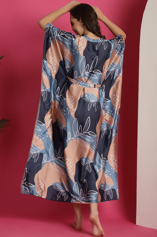 Blue Colour Tropical Printed Silk Satin Kaftan Nightdress