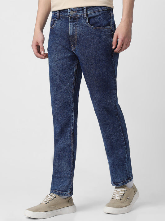 Men's Dark Blue Regular Fit Washed Jeans Stretchable