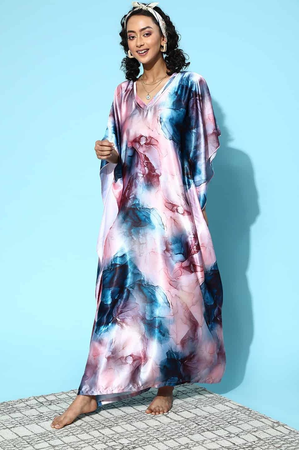 Pink Color Tie and Dye Printed Satin Nightdress Kaftan For Women