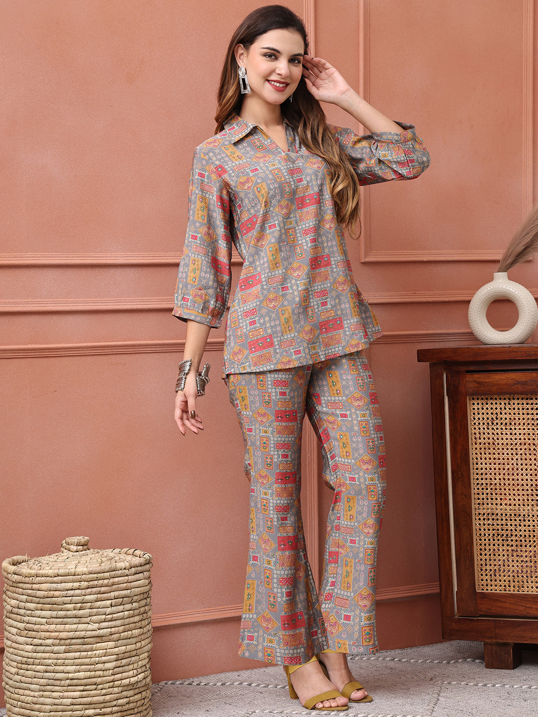 Grey Abstract Printed Chanderi Silk Co-Ord Set for Women