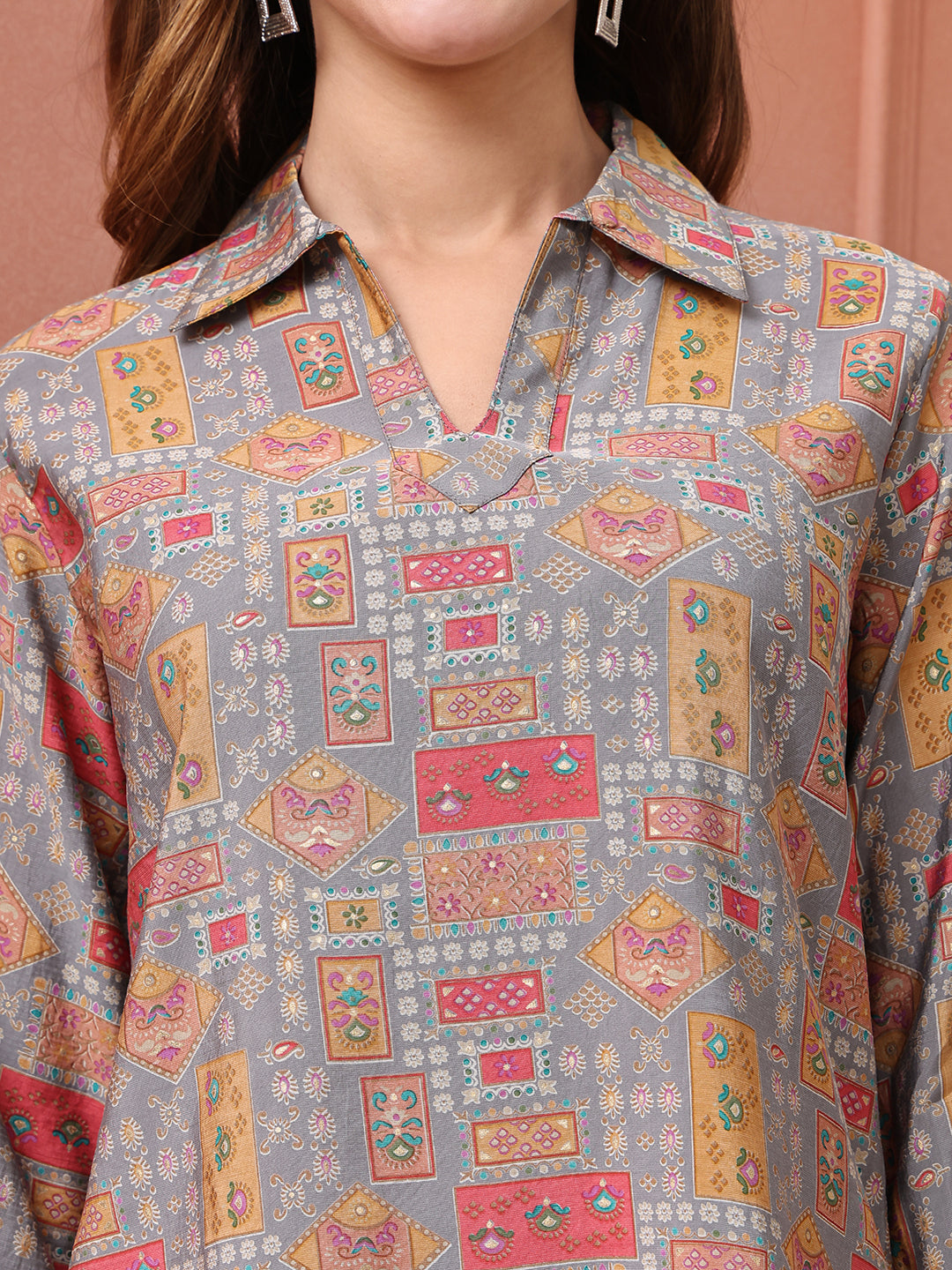 Grey Abstract Printed Chanderi Silk Co-Ord Set for Women