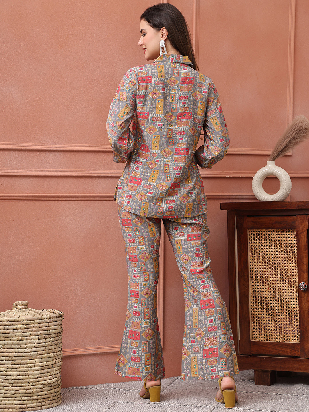 Grey Abstract Printed Chanderi Silk Co-Ord Set for Women