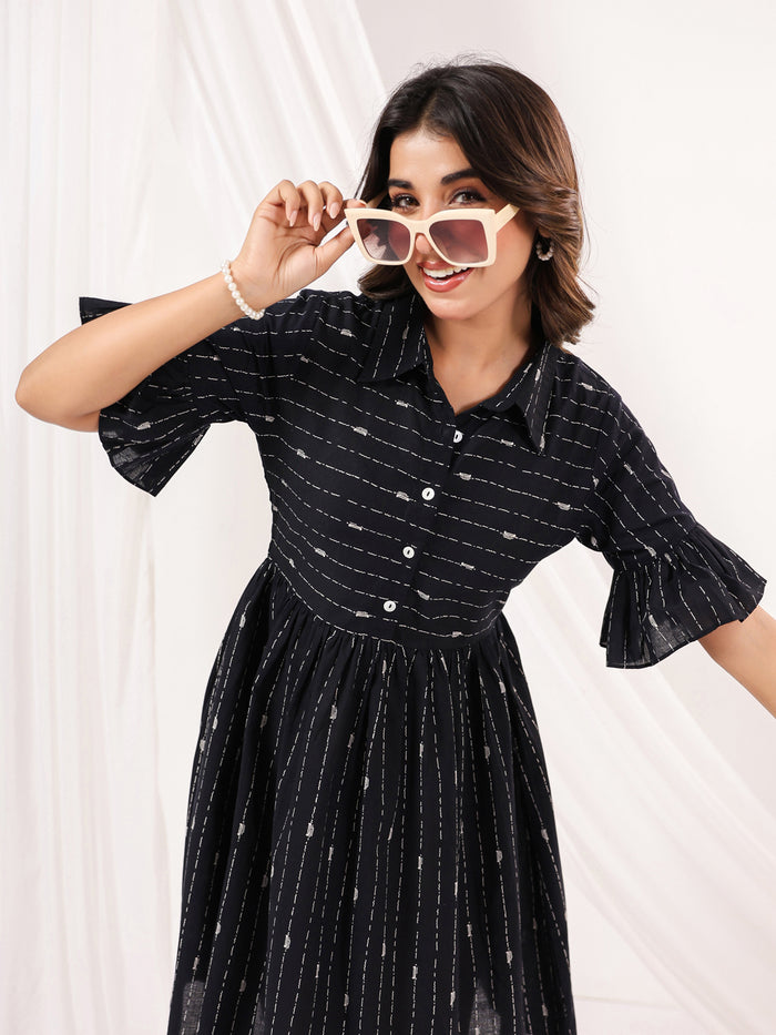 Black Cotton Abstract Printed A line Dress