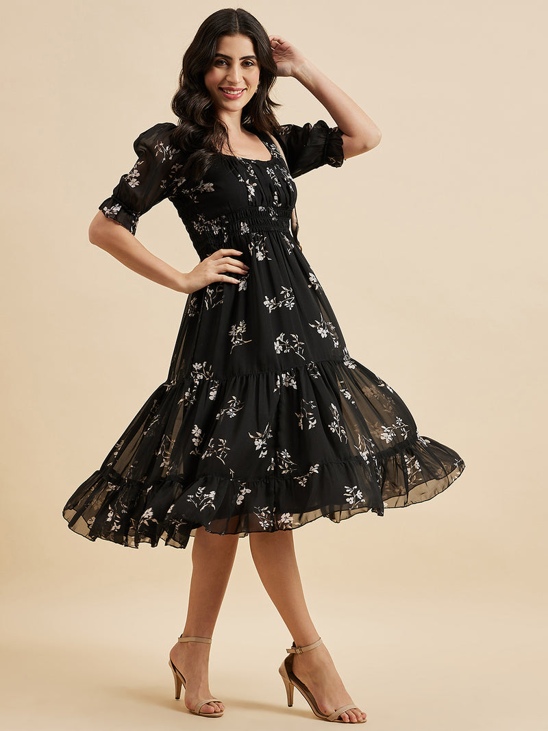 Floral Print Square Neck Puff Sleeve Georgette Fit & Flare Midi Tiered Dress