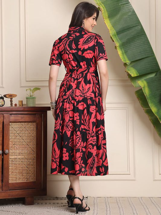 Black Colour Floral Printed Cotton Dress